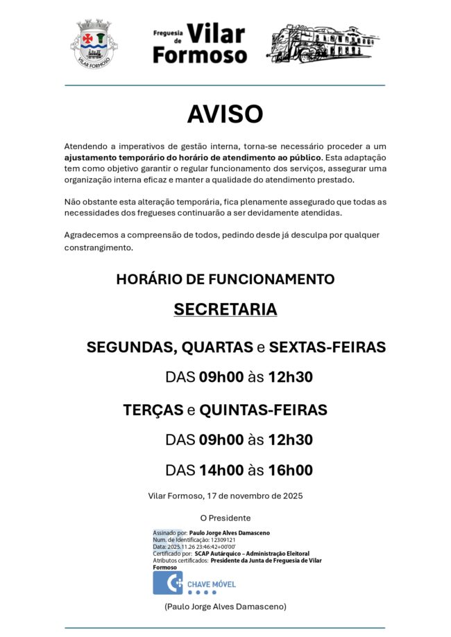 Horário Temporário Secretaria