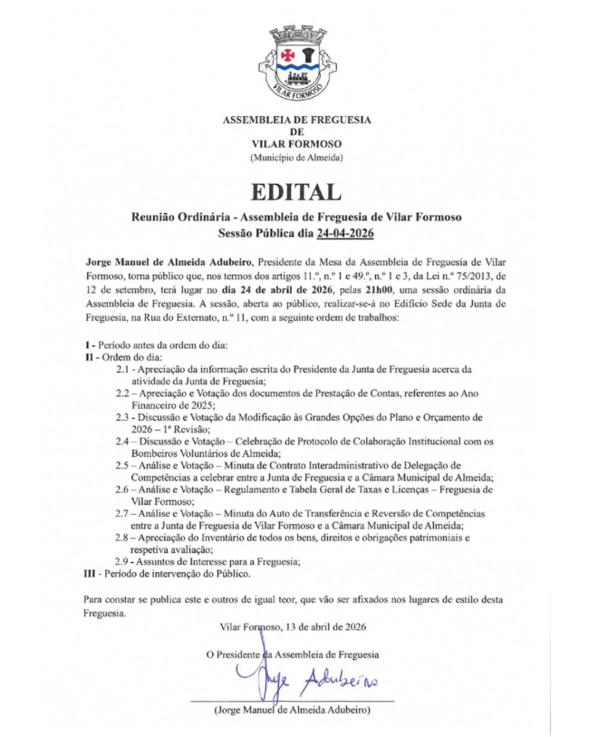 EDITAL: Reunião Ordinária – Assembleia de Freguesia – Sessão Pública dia 24/04/2026