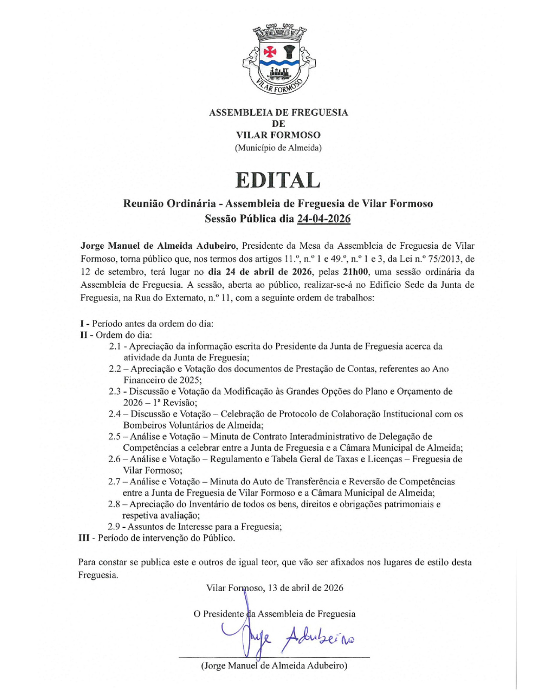 EDITAL: Reunião Ordinária – Assembleia de Freguesia – Sessão Pública dia 24/04/2026